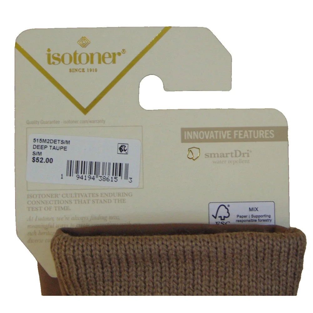 Isotoner Womens smartDRI Spandex Gloves Rib Knit Cuff Deep Taupe S/M NWT